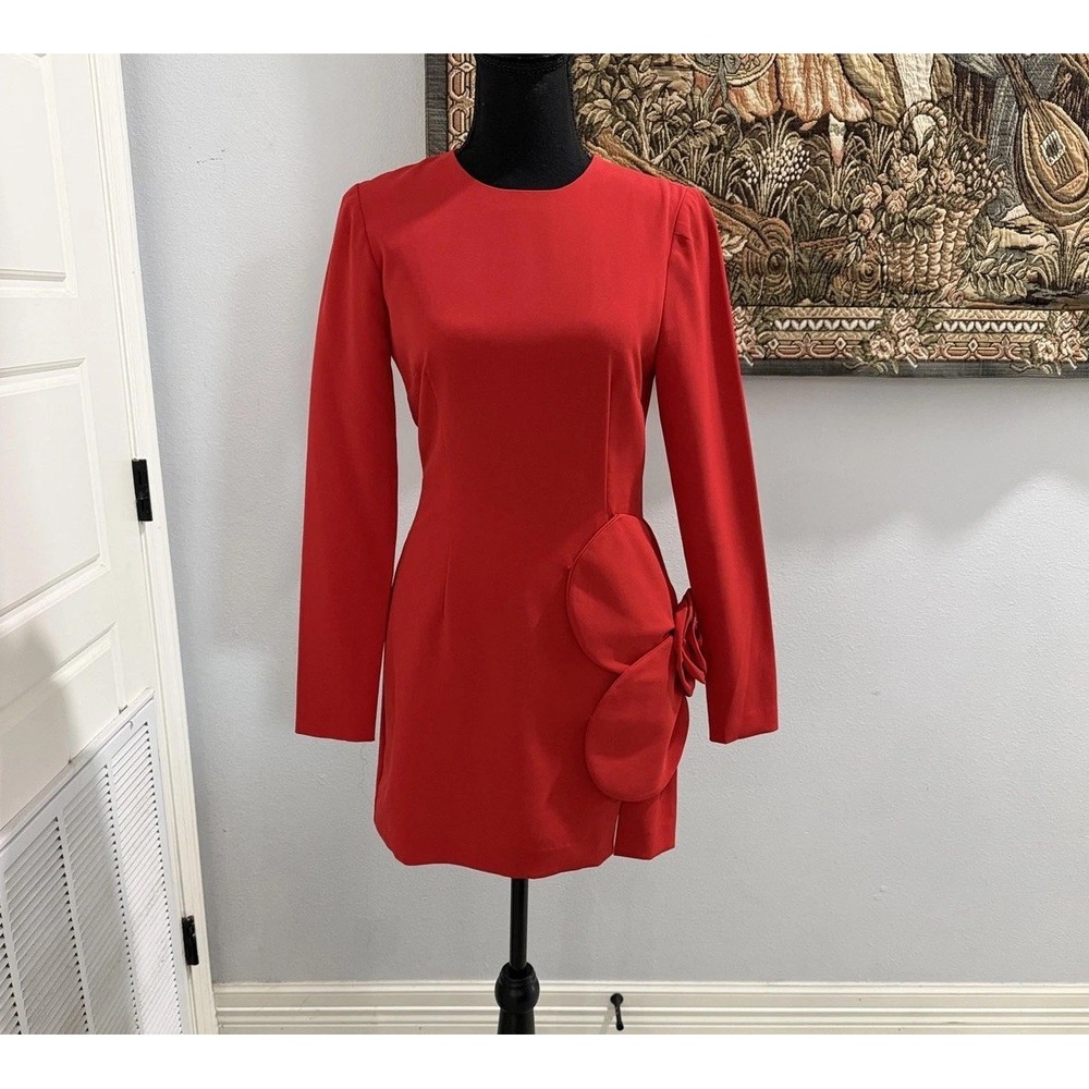 Gianni Bini NWT Dress Womens‎ 2 Red Layla Crepe Long Sleeve Mini Floral Applique